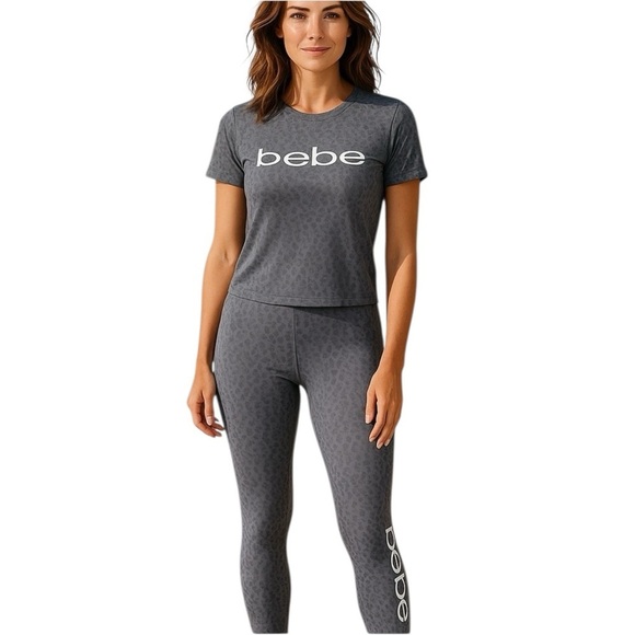 BeBe SPORT 2 Piece Printed Leggings Set Grey Animal Print Size Large Casual NWT - Picture 1 of 13